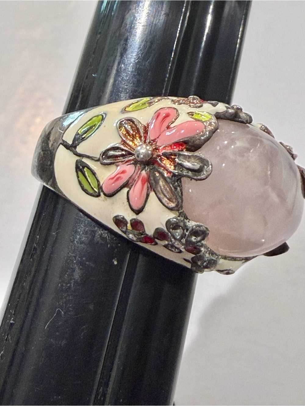 Vintage David Sigal Sterling Silver Rose Quartz Floral Enamel Statement Ring 10